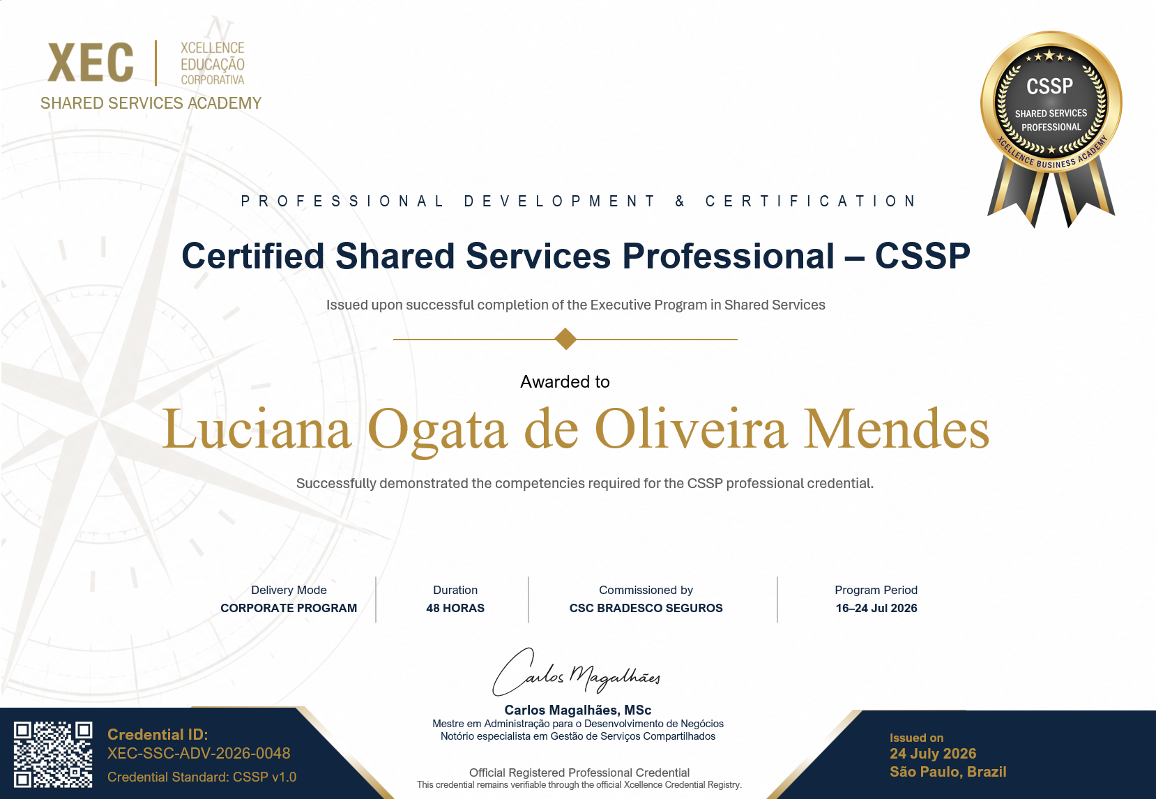 Modelo visual oficial do certificado Certified Shared Services Professional